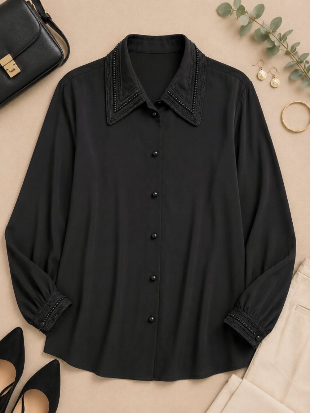 Claudia Richard Vintage Black Beaded Collar Blouse Size 12 Dressy Button Front T